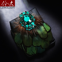 European and American original feather brooch Green personality exaggerated corsage fashion pin hairclip two retro ins brooch