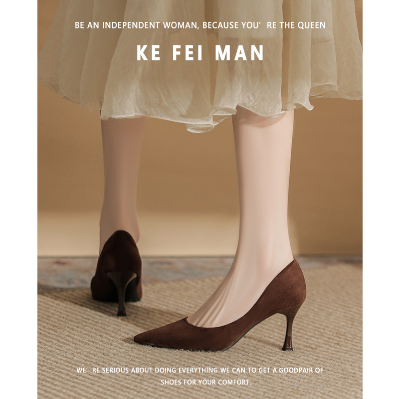 【Kefiman】French Retro High-Heeled Shoes for Women, Autumn and Winter, Matte Suede, Shallow Mouth, Pointed Toe, Stiletto Heels, Brown