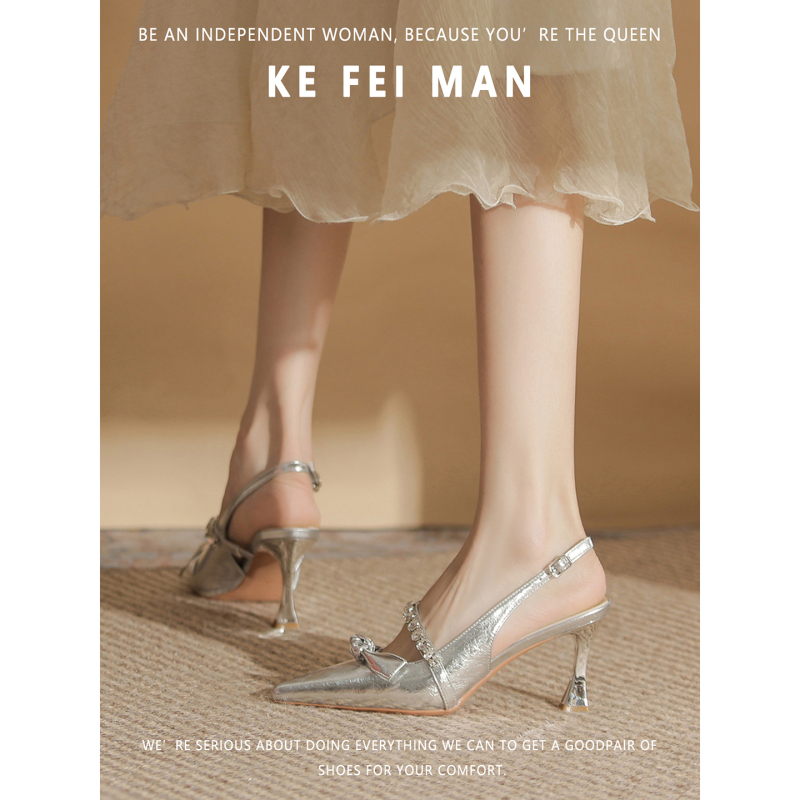 【Kefiman】Rhinestone Bow Mary Jane High Heels Women's Summer New Pointed Toe Stiletto Shoes Silver 【Kefiman】Rhinestone Bow Mary Jane High Heels Women's Summer New Pointed Toe Stiletto Shoes Silver
