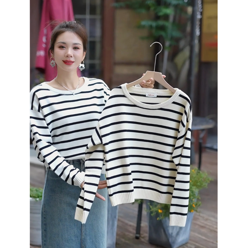 100% Pure Cotton Sweater for Women, New Autumn and Winter Korean Style Loose Striped Round Neck All-Cotton Knit Top