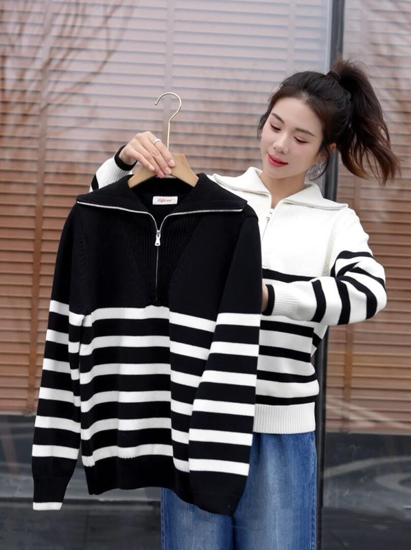 100% Pure Cotton Zipper Collar Pullover Striped Chunky Knit Half-Open Chest Loose Casual Sweater Jacket for Women 100% Pure Cotton Zipper Collar Pullover Striped Chunky Knit Half-Open Chest Loose Casual Sweater Jacket for Women