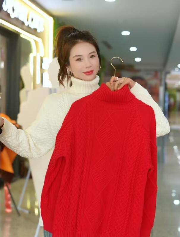 100% Pure Cotton 5-Needle Heavy-Duty Thickened Cable Knit Turtleneck Sweater for Women, Autumn and Winter Mid-Length Long-Sleeve Knit Top