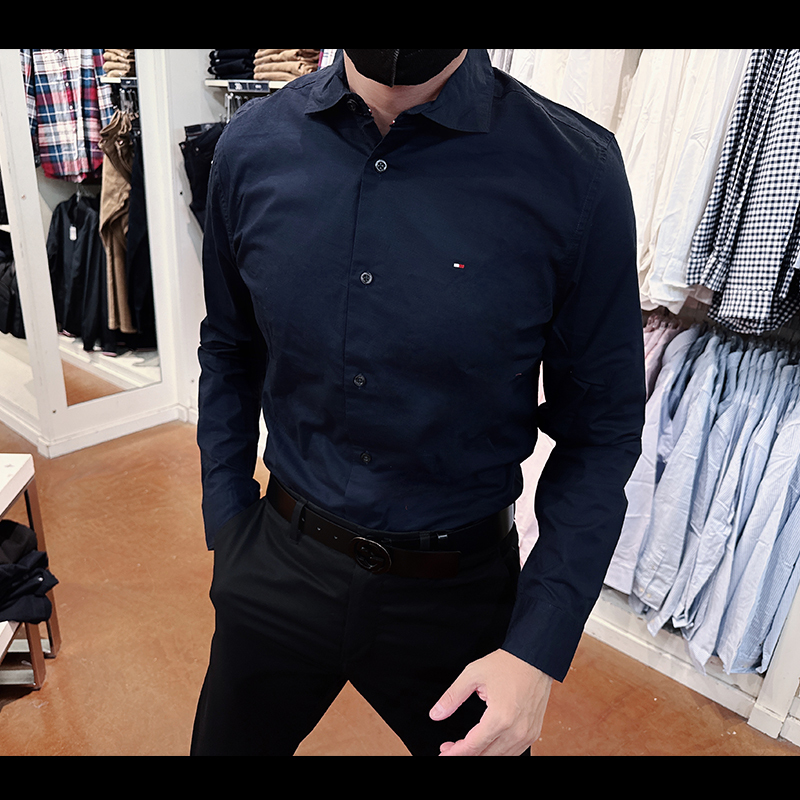 Tommy Hilfiger Men's Business Casual Long-Sleeved Shirt Comfortable Shirt Oxford Stretch Fabric Tm1-6