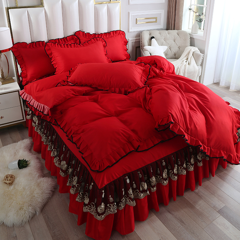 Lace Bed Skirt Type All-cotton Four Pieces Big Red Wedding Korean version Princess Double quilt cover bed linen bed Hat Bedding