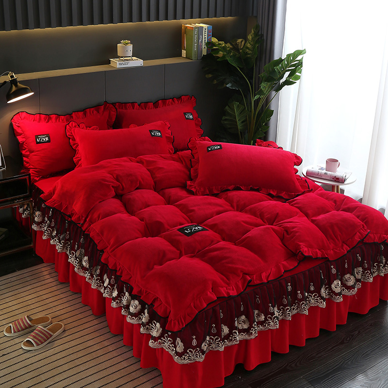Korean Version Coral Suede Bed Skirt Four Pieces Of Wedding Celebration Large Red Thickened Flannel Velvet Pure Color Lace Quilt Cover Bed Linen