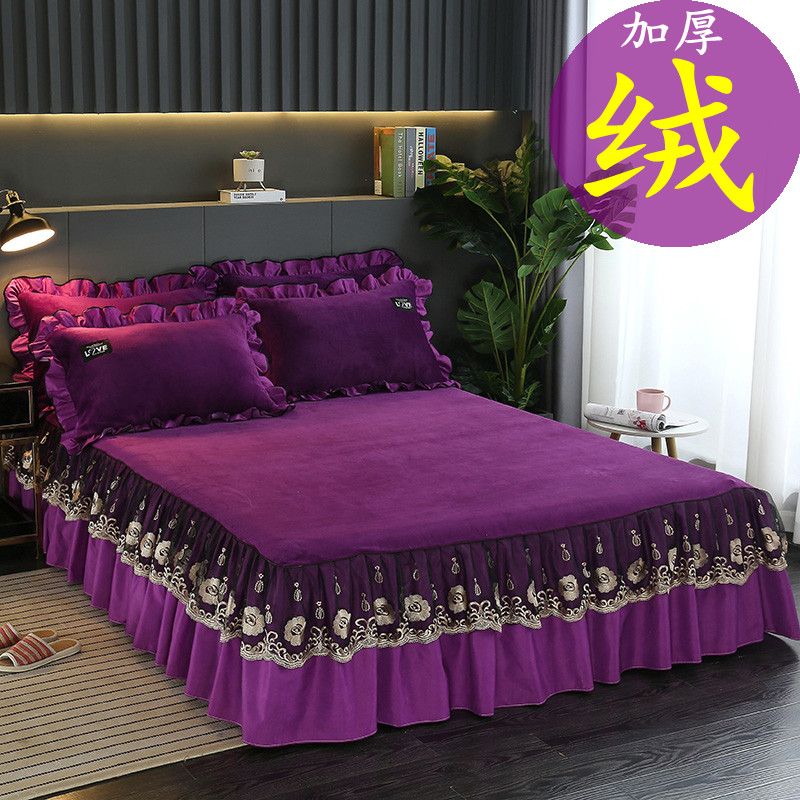 Thickened Coral Suede Bed Dress Three Sets Lace Pure Color Vegetarian Color Bed Hood Flannel single bed Hat Mats Dreams non-slip
