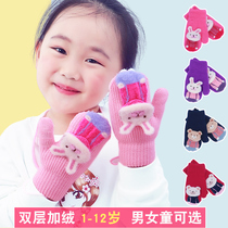 Childrens gloves winter boys and girls thickened and velvet toddlers warm girls baby cartoon finger knitwear