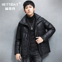 First layer pure cowhide leather down jacket lapel Haining trend leather jacket jacket plus velvet padded leather men men