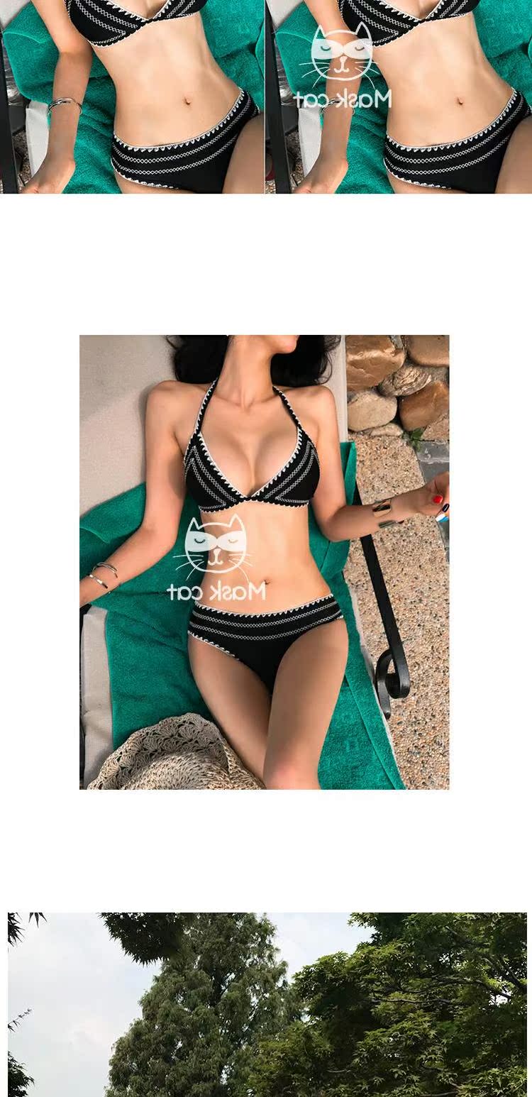Bộ đồ bơi bikini gợi cảm chia ba điểm châu Âu và Mỹ in hình tam giác trắng đen nữ 2019 mới lưới đỏ - Bikinis váy tắm biển