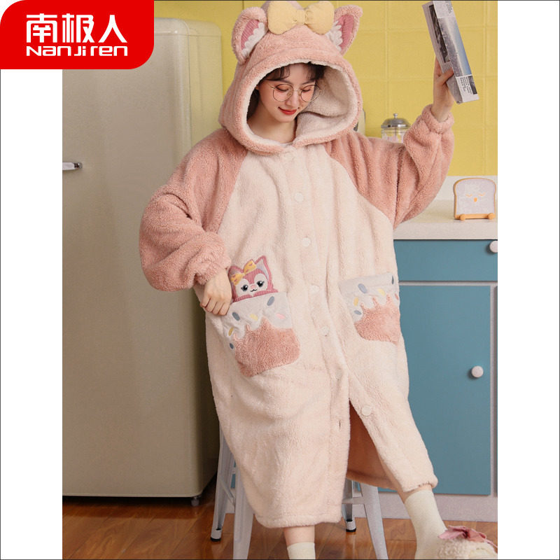 Antarctic pajamas autumn and winter women's long version thickened coral fleece to keep warm 2022 new flannel bathrobe pajamas nightdress