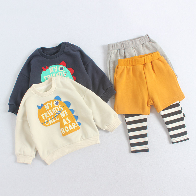 Toddler casual top suit infant spring and autumn clothes boy dinosaur two-piece suit 0-3 years old girl foreign style 1 children's clothing