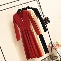 Long knee sweater skirt autumn and winter new female v collar red knitted dress black interior base skirt