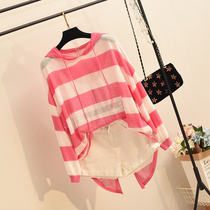 Loose blouse striped hooded jersey womens summer thin sunscreen dress large size air-conditioned shirt long sleeve Hanfan