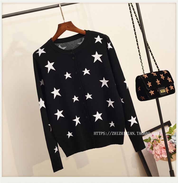 Mùa xuân năm cánh sao đen áo len cổ tròn mỏng cardigan nữ áo len mỏng ngắn tay dài phiên bản Hàn Quốc mỏng áo len cardigan