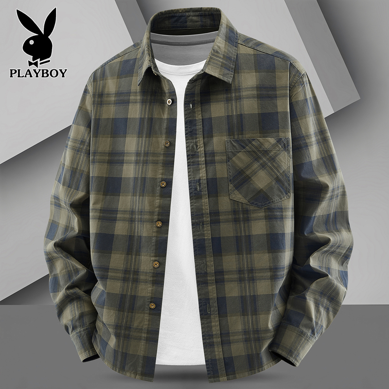 Playboy Pure Cotton Long-Sleeved Shirt Men's Spring & Fall Loose Large Size Workwear Washed Men's Casual Plaid Shirt