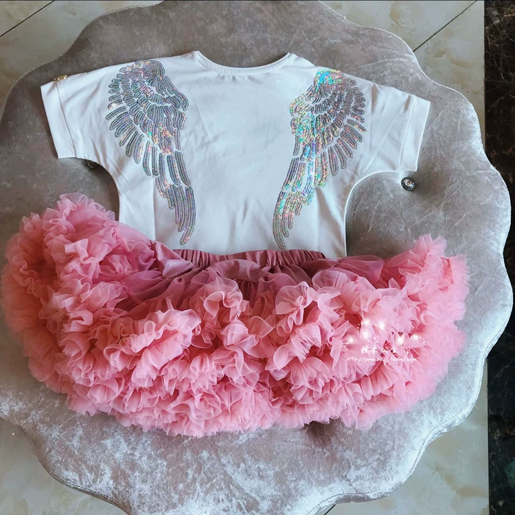 Mùa hè bé gái thêu sequin cánh T-shirt cha mẹ-con váy TUTU váy fluffy váy váy sinh nhật váy - Áo thun