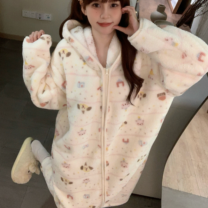 Coral Velvet Pajamas for Women, Autumn and Winter, Thickened, Warm, Loose, Long Zipper, Cute Loungewear, Can Be Worn Outside as a Nightgown