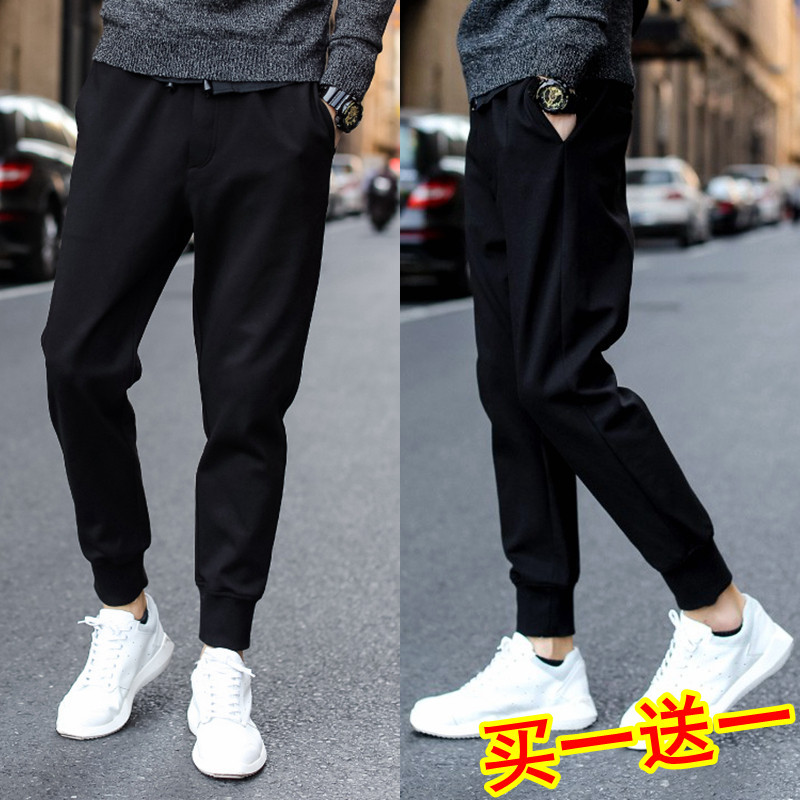 Men's Korean Style Trendy Versatile Slim Fit Jogger Pants Fleece-Lined Sweatpants Youth Black Casual Cropped Pants