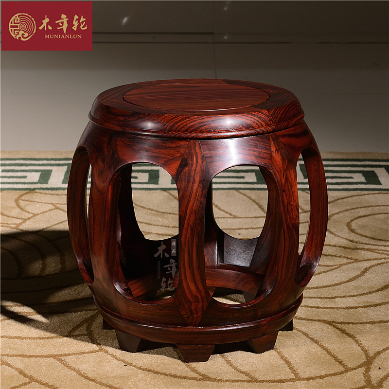 National Standard Red Wood Furniture Indonesia Black Acid Branches Drum Stool Small Round Stool Broadleaf Yellow Sandalwood Solid Wood Vintage Changing Bench Drum Mound