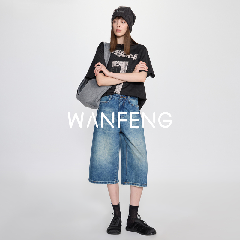 Late-Night Sewing W49 American Retro Street Style Versatile Cropped Pants Loose Summer Wide-Leg Faded Denim Pants Late-Night Sewing W49 American Retro Street Style Versatile Cropped Pants Loose Summer Wide-Leg Faded Denim Pants