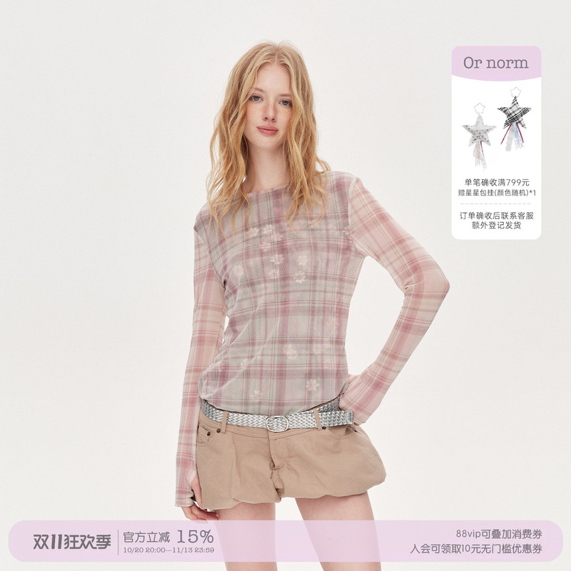 [in Stock] or Norm "Pink Mist Forest" Plaid Floral Sheer Double-Layer Mesh Long-Sleeve Top Blouse