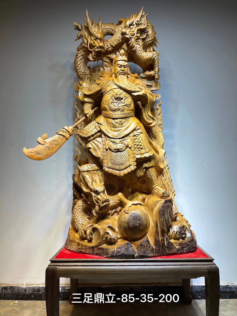 Wood Carving Guan Public Pendulum 3-foot tripod Tripod Wood Root Carved living room dedicated to Buddha craftsmanship Gift pendulum decorated by hand engraving Two-Lord