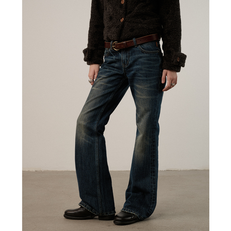Achihara【Rain in Antwerp】Micro-Flared Distressed Long Pants Casual Spring and Autumn Style Dark Blue Jeans