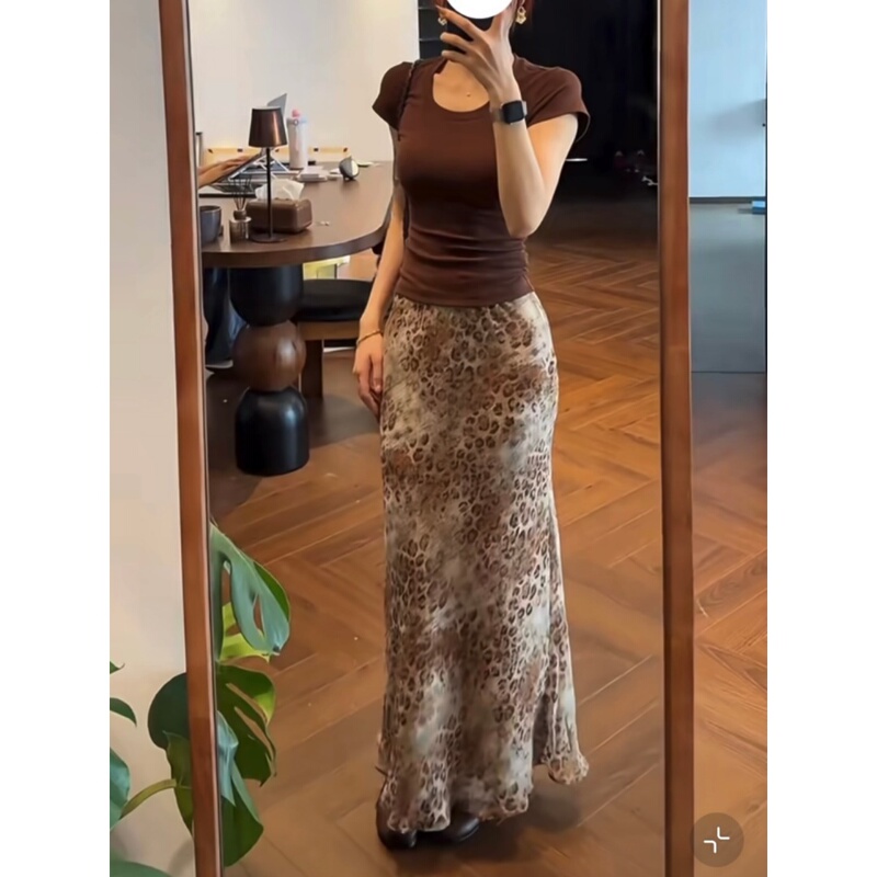 Little Golden Bean Leopard Aesthetic* Self-Made Focal Point Slimming Chiffon Leopard Print Elegant Spring/Summer Midi and Short Skirts