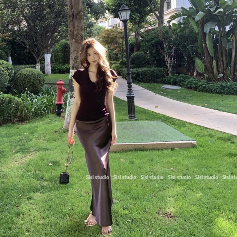 Xiao Jin Dou Early Spring Outfit Elastic Waist Slit Fishtail Skirt Purple Acetate Skirt Knitted Top Two-Piece Set Xiao Jin Dou Early Spring Outfit Elastic Waist Slit Fishtail Skirt Purple Acetate Skirt Knitted Top Two-Piece Set