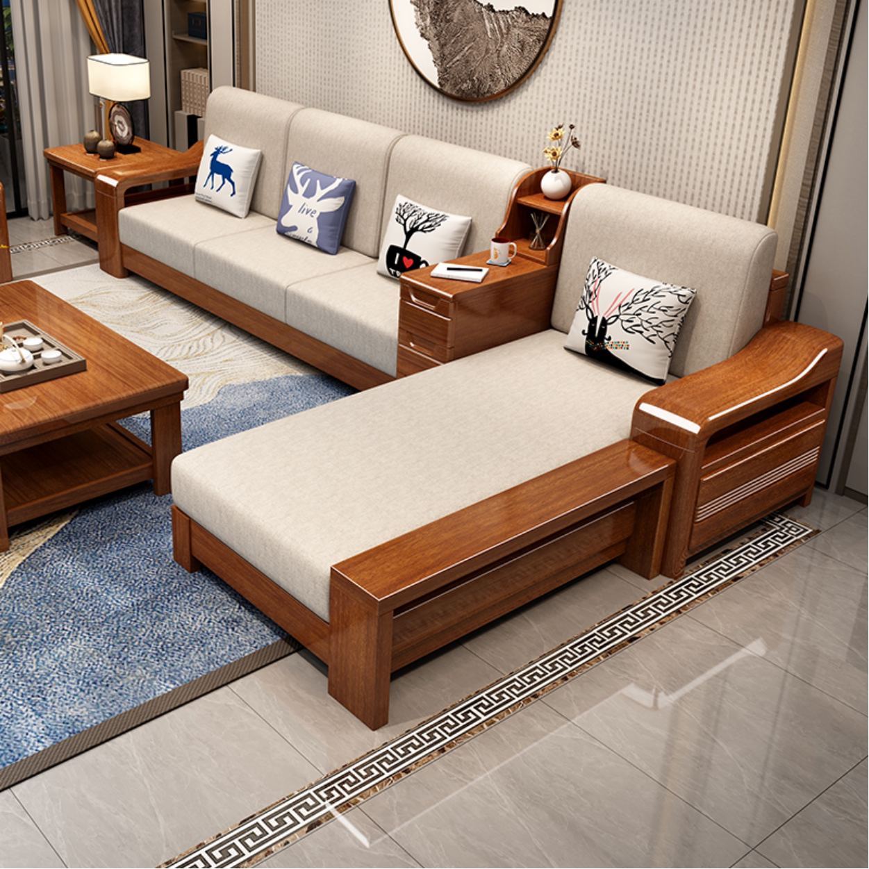 Hupeach Wood Solid Wood Sofa Composition New Chinese Modern Minimalist Living-room Size Family Corner Wood Fabric Sofa