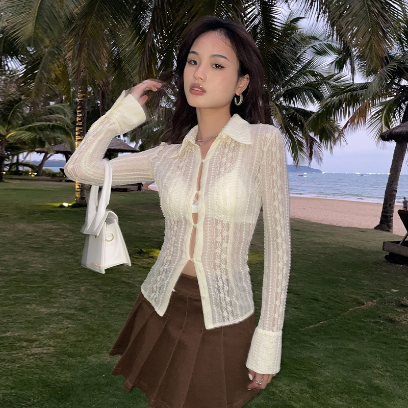 LEIYU sexy lace shirt female summer design sense European and American hot sunscreen long sleeve white net coat