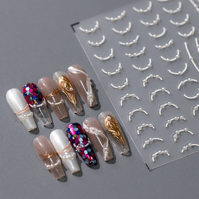 French Pearl Nail Art Stickers Inlaid with Pearls, Romantic Niche White Pearls DIY French Nail Adhesive Nail Art Stickers
