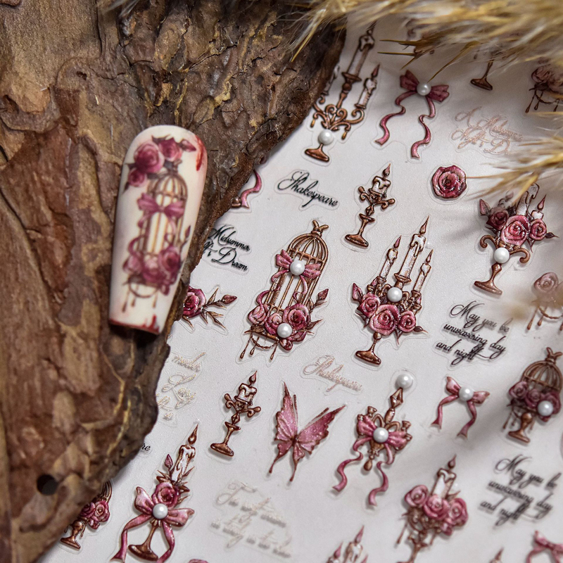 Embossed Vintage Rose Nail Stickers Embossed 3D Candlestick Rose Bunny Bow Nail Stickers