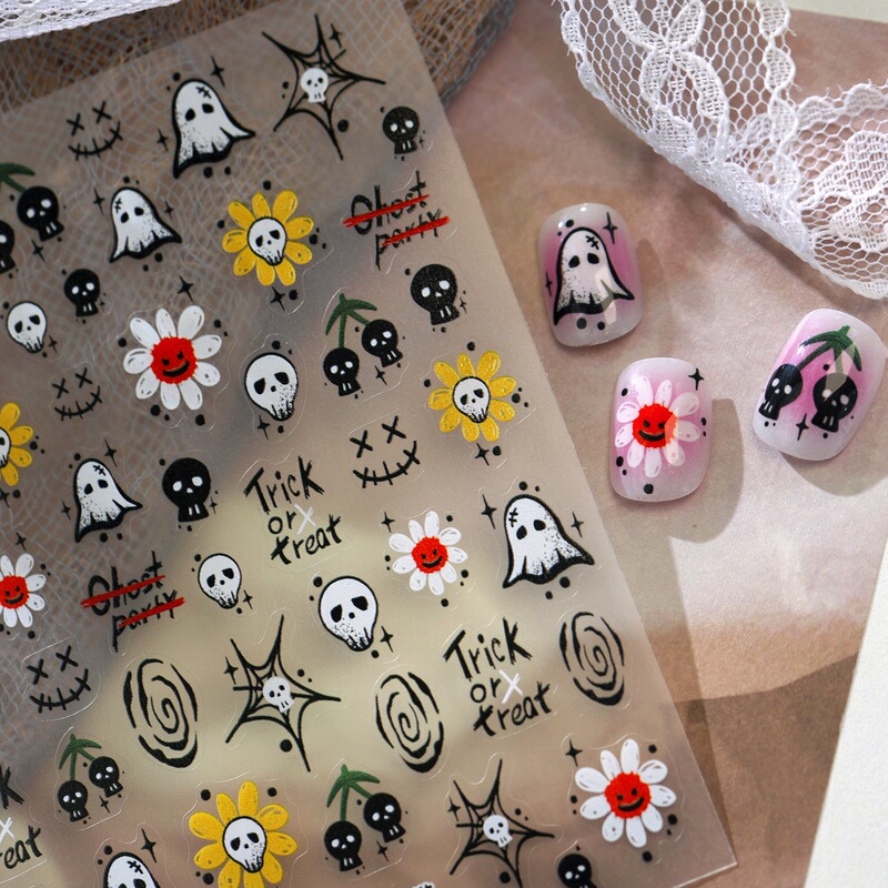 Dark Gothic Halloween Nail Stickers with Playful Spider Webs, Dark Little Ghosts, and Hand-Painted Flower Nail Decals Dark Gothic Halloween Nail Stickers with Playful Spider Webs, Dark Little Ghosts, and Hand-Painted Flower Nail Decals
