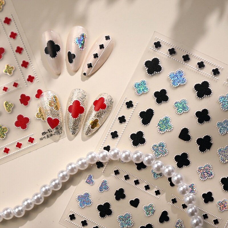 Modern Minimalist Four-Leaf Clover Nail Stickers, Light Luxury Style, High-End Starry Red Four-Leaf Clover, Brightening Adhesive Nail Stickers