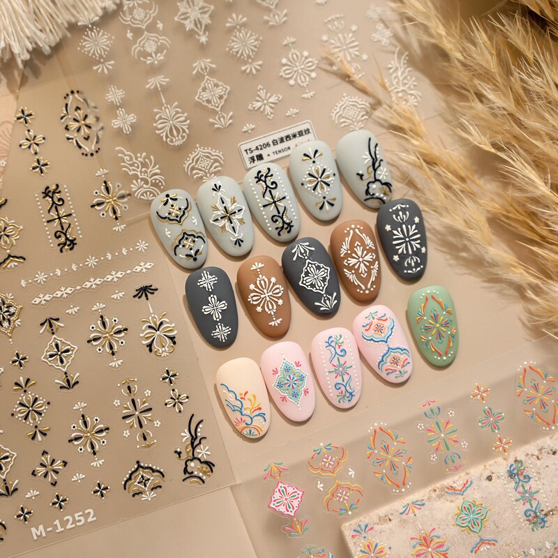 Retro Bohemian Style Nail Art Stickers Tomoni Retro Pattern Black and White Pattern New High-End Nail Stickers