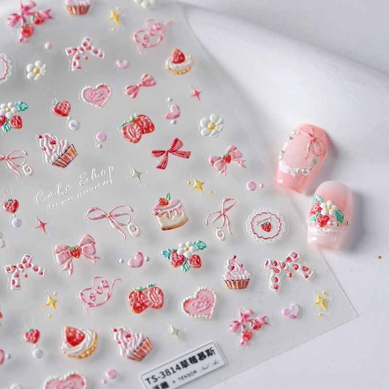 Strawberry Mousse Nail Stickers Embossed Three-Dimensional Cream Cake Pink Girly Bow Strawberry Nail Stickers