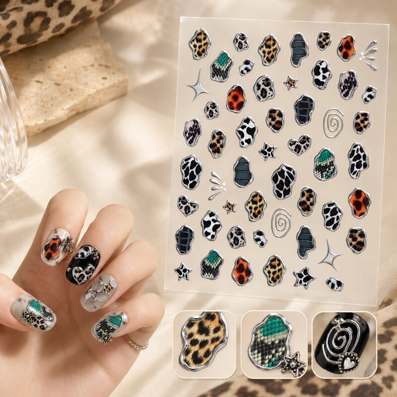 Sweet and Cool Girl Leopard Print Nail Stickers with Edges, Retro Metallic Leopard Print, Star Leopard Print, High-End Light Luxury Nail Decoration