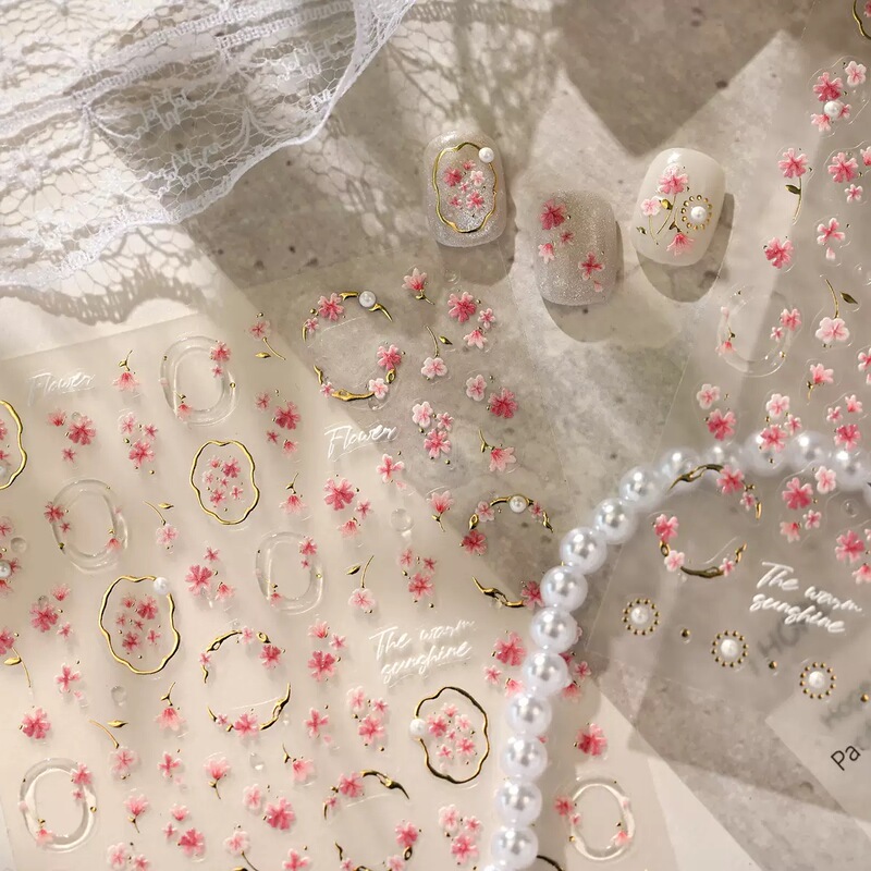 Spring Gentle Breeze Cherry Blossom Nail Stickers Pink Cherry Blossom French Light Luxury Style Gold Foil Border Floral Nail Stickers