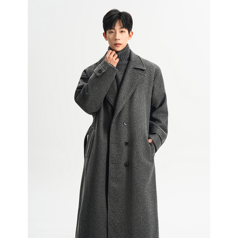 Gray Woolen Coat for Men, Mid-Length, Thickened for Winter, Warm, Over-The-Knee, High-End, Trendy Woolen Trench Coat for Men
