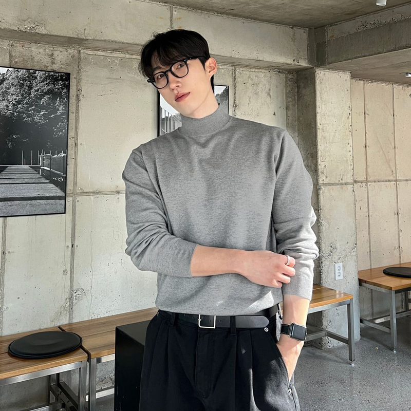 Winter Half-Turtleneck Sweater for Men, Gray Loose Fit, Warm and Thickened with Fleece, Mid-Neck Knit Base Layer for Teenagers