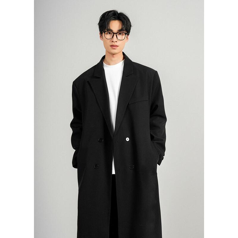 2025 Autumn/Winter New Men's Double-Breasted Mid-Length Trench Coat with Shoulder Pads, Over-The-Knee Thin Blazer Coat