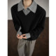 Old money style fake two piece sweater for men winter thickened and warm