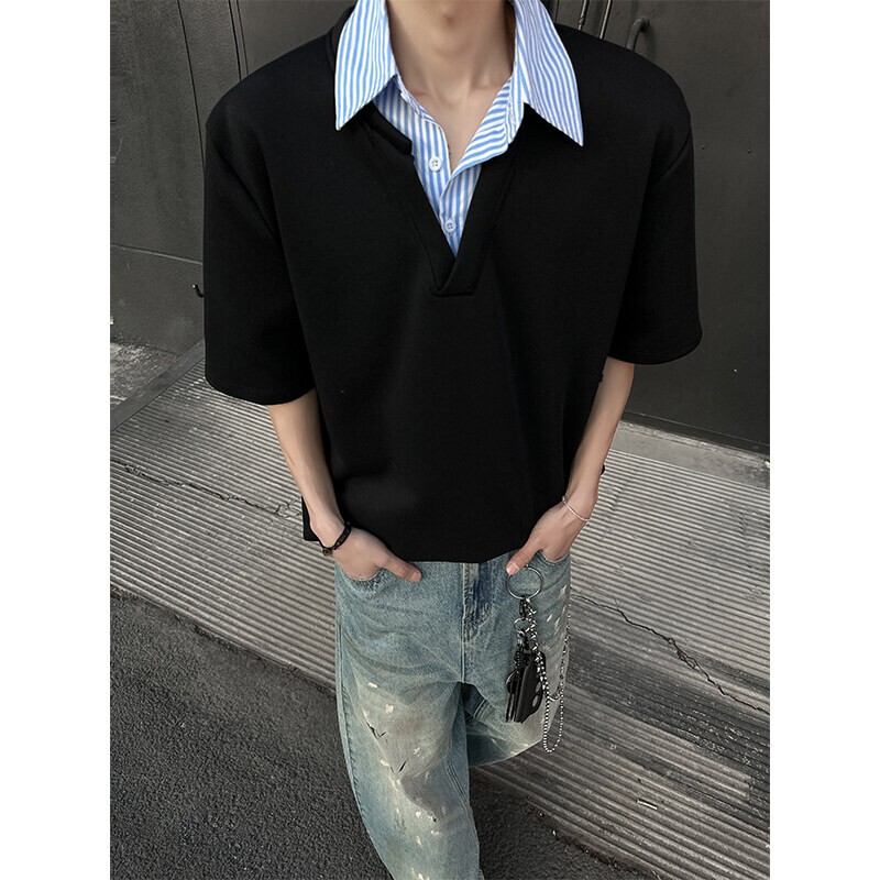 Fake Two-Piece Shirt with Collar, Short-Sleeved Men's Summer Trendy Brand Polo Shirt, Cool and Trendy Loose Half-Sleeve Casual Polo Shirt