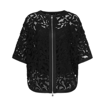 (Artist Inspiration) Masfiel 2024 Summer New Temperament Round Neck Lace Embroidered Black Top for Women