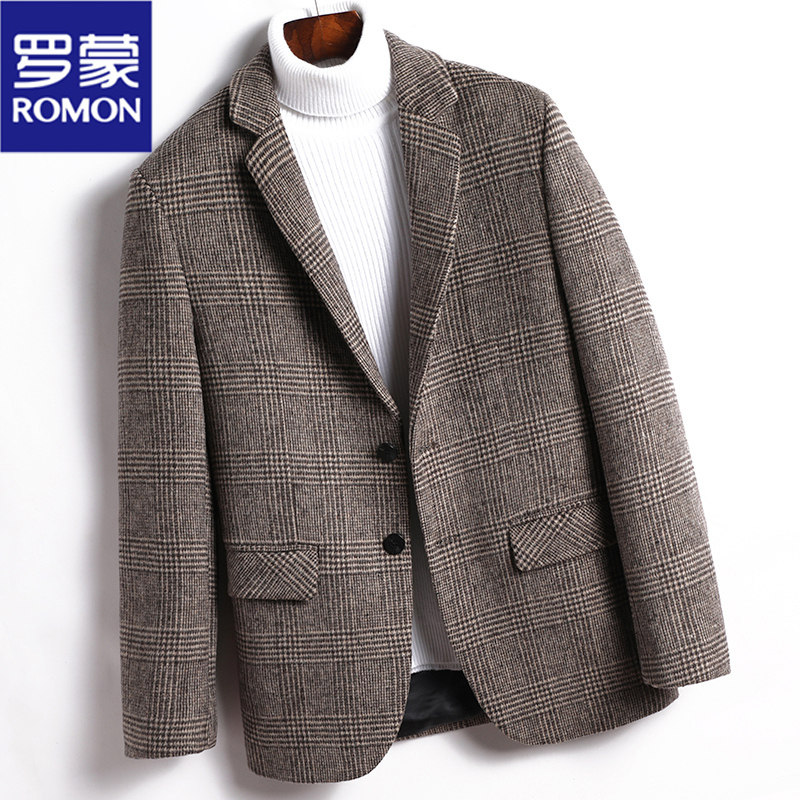 Romon autumn and winter new wool coat men's slim business casual plaid wool suit jacket tide