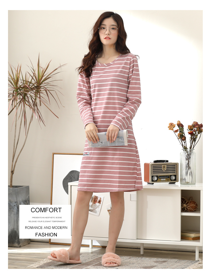 Váy ngủ nữ mùa thu cotton dài tay Hàn Quốc cộng với phân bón XL đồ ngủ sọc dài phần nhà dịch vụ mùa xuân có thể mặc bên ngoài đồ mặc nhà