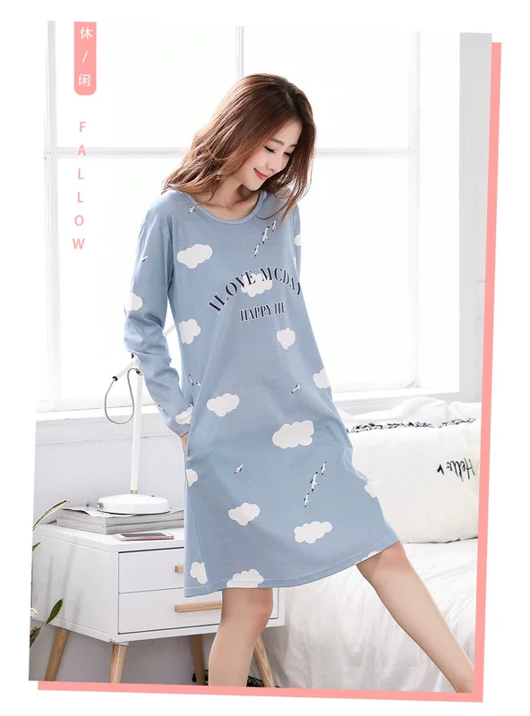 Váy ngủ mùa thu cotton dài tay nữ phiên bản Hàn Quốc của bộ đồ ngủ dài bằng vải cotton dễ thương đồ ngủ xuyên thấu