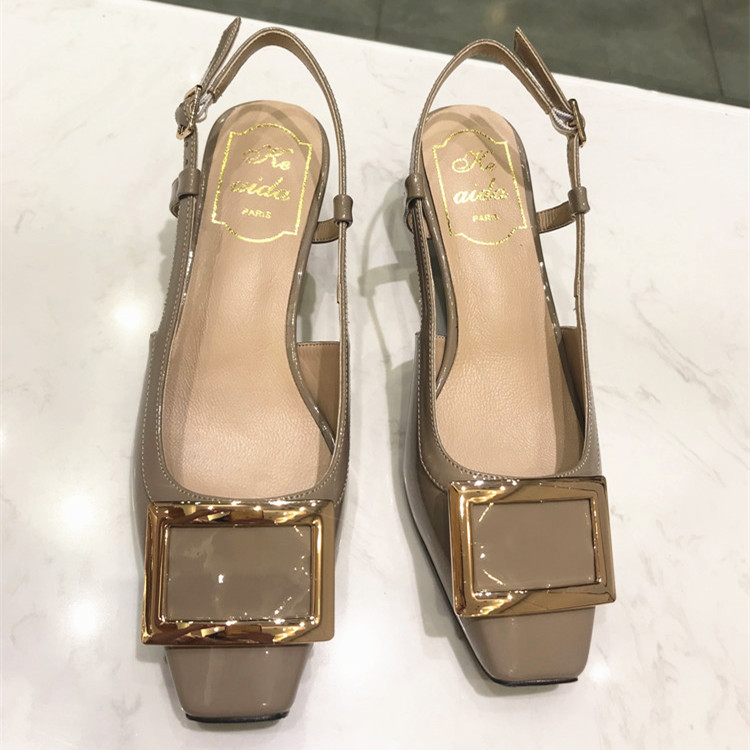 2026 Summer New Women's Patent Leather Peep-Toe Sandals with Square Buckle, Mid-Heel, Shallow Mouth, Genuine Leather Square-Toe Women's Shoes