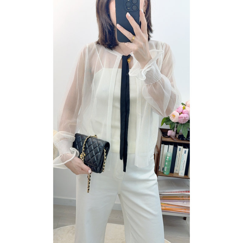 The Line D French-Style Fine Shimmering Mulberry Silk Mesh Cardigan with Velvet Tie, Refreshing Knit